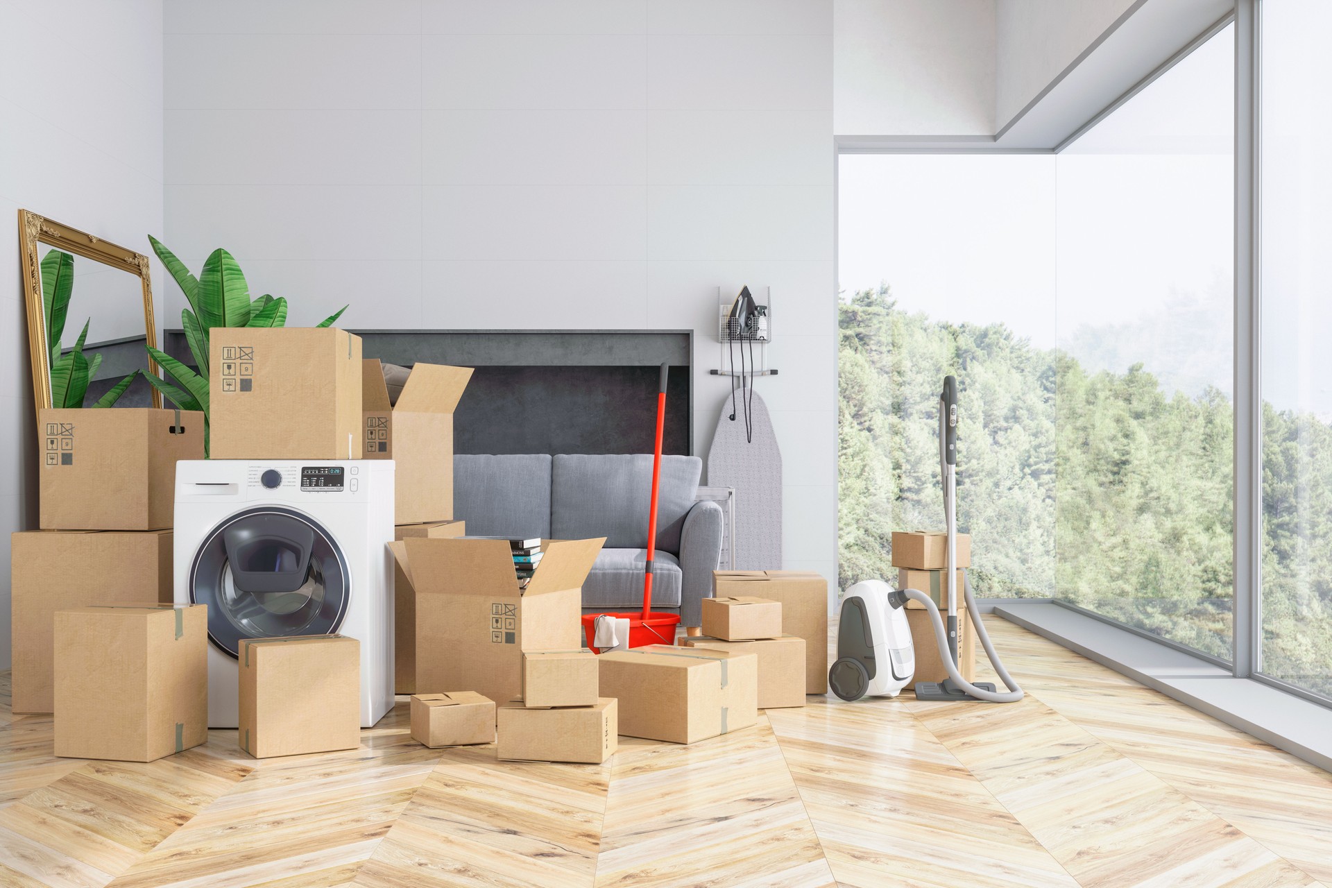 Boxes, washing machine and vacuum cleaner on wooden floor of new house